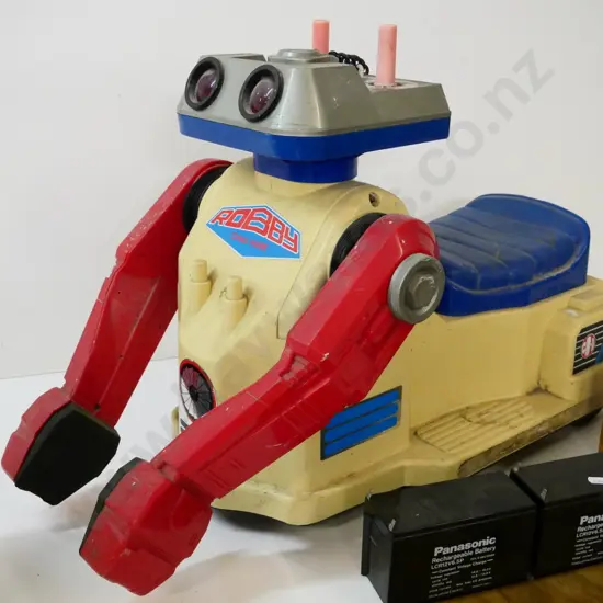 retro plastic Robby ride-on robot - with wired remote control, batteries and charger box, untested, no returns