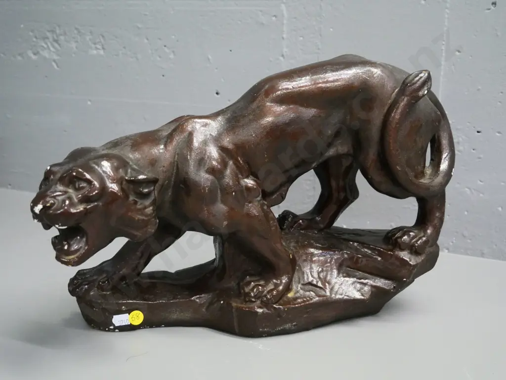 painted plaster mountain lion figure - some chips and haze to finish H-270 L-380 Image 1++