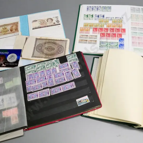 assorted stamp albums, coins and notes