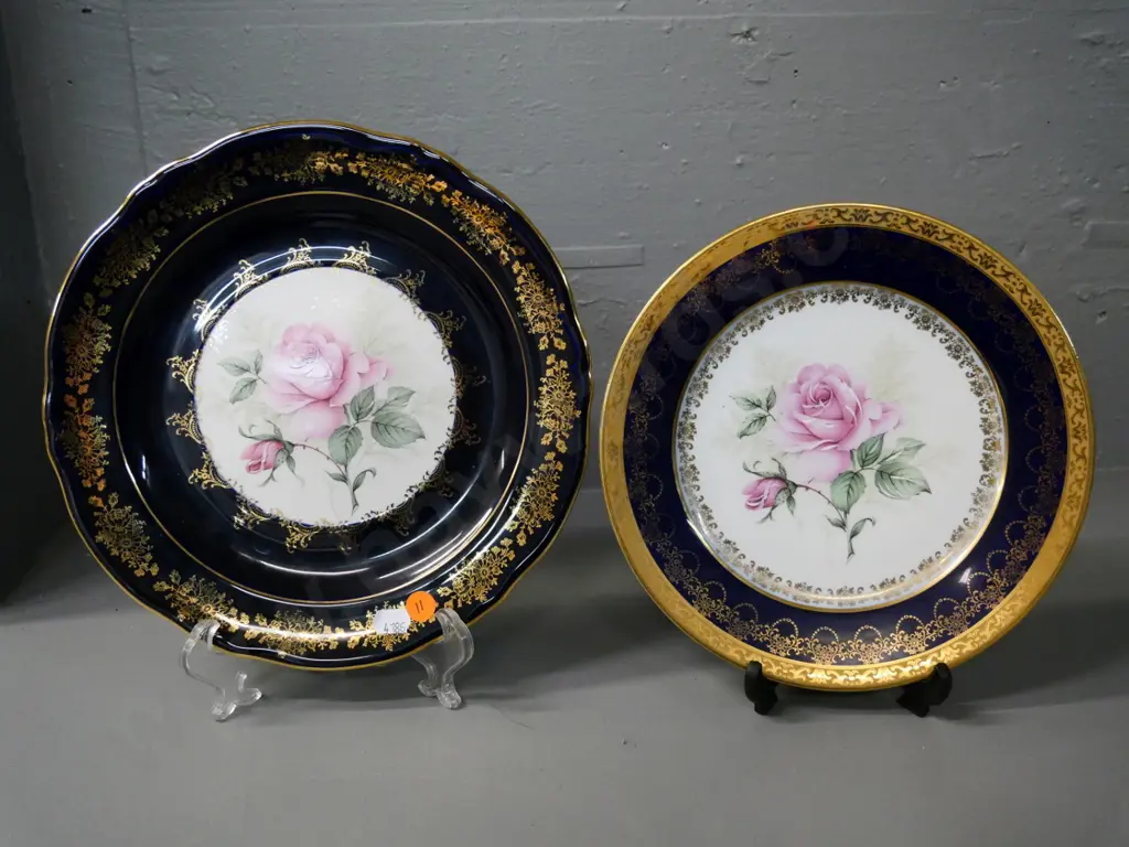 2 Limoges cobalt, gold and floral cabinet plates - larger is Diameter 250 Image 1++