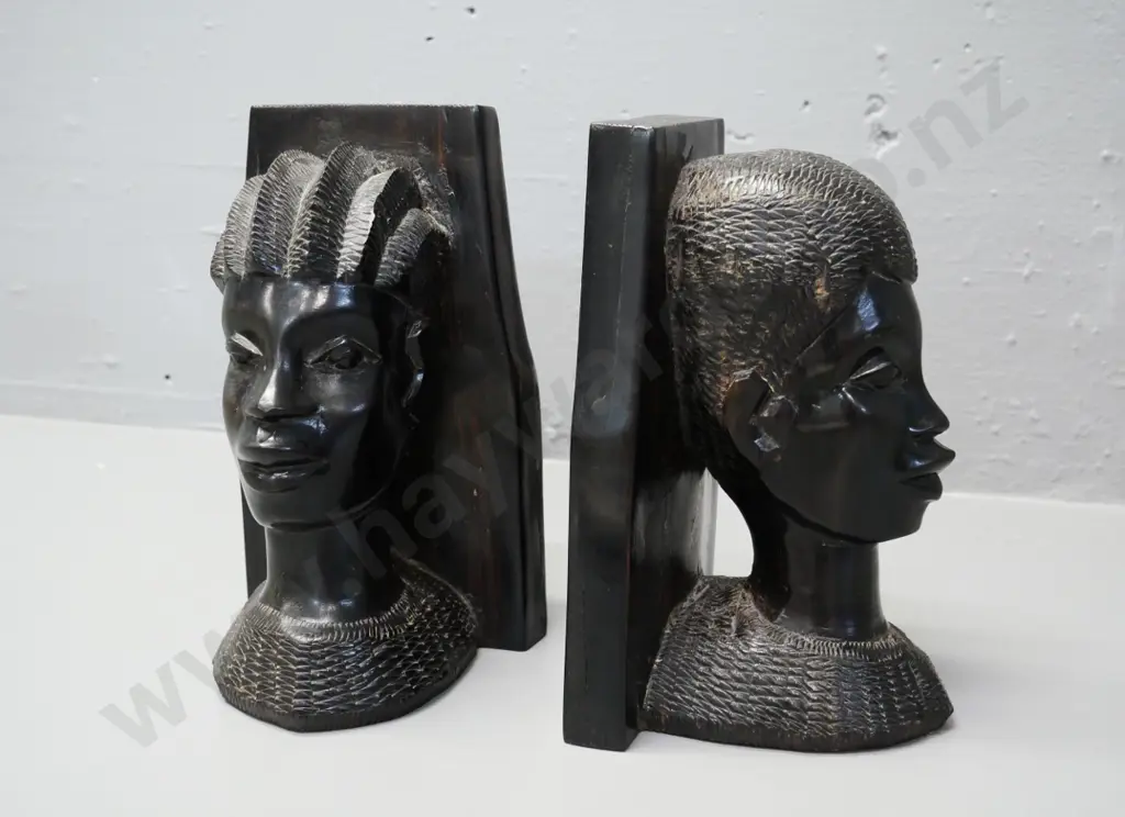 pair of Nigerian heavy carved wood figural head book-ends - engraved Nov. 1946 with gift inscriptions H-210 Image 1++