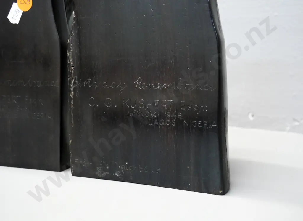 pair of Nigerian heavy carved wood figural head book-ends - engraved Nov. 1946 with gift inscriptions H-210 Image 1++