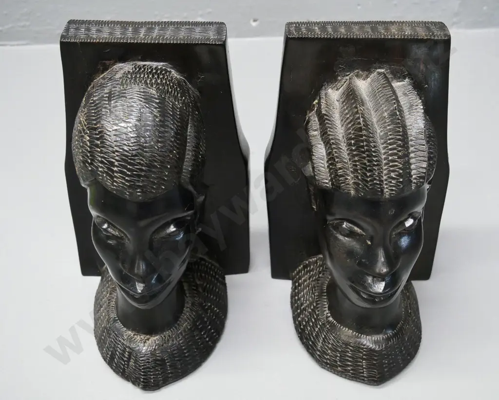 pair of Nigerian heavy carved wood figural head book-ends - engraved Nov. 1946 with gift inscriptions H-210 Image 1++