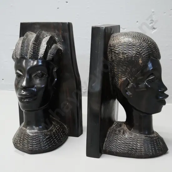 pair of Nigerian heavy carved wood figural head book-ends - engraved Nov. 1946 with gift inscriptions H-210