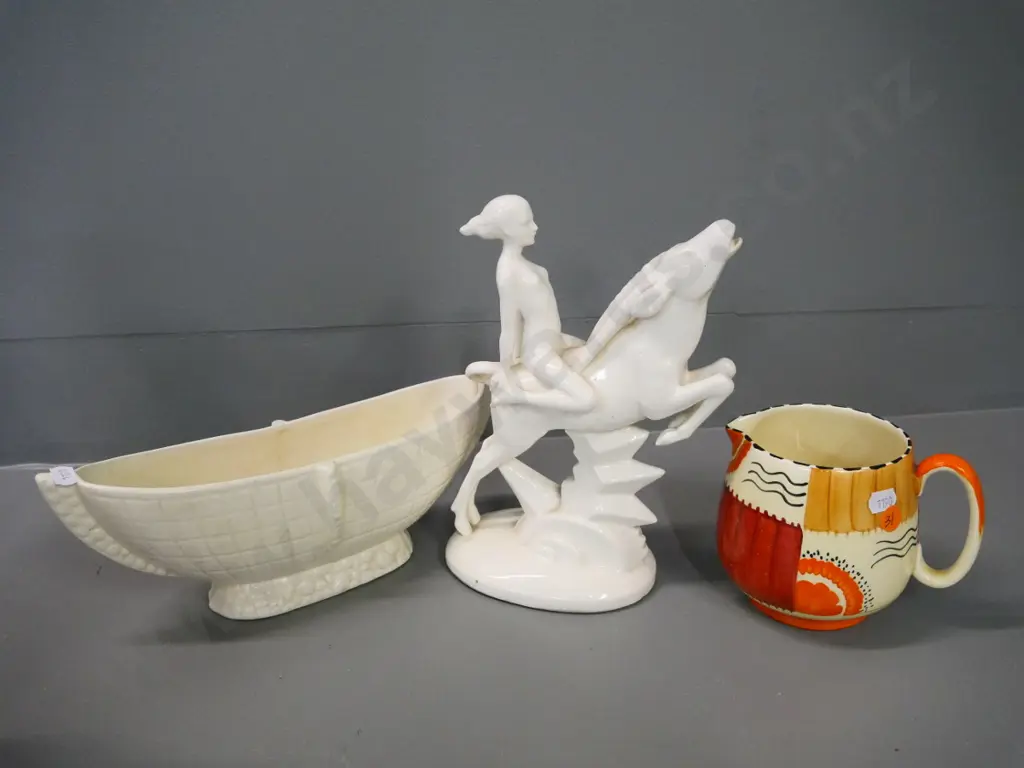 Crown Lynn trough vase No. 554, Crown Devon jug,  deco style figurine (mend to leg)H-220 Image 1++