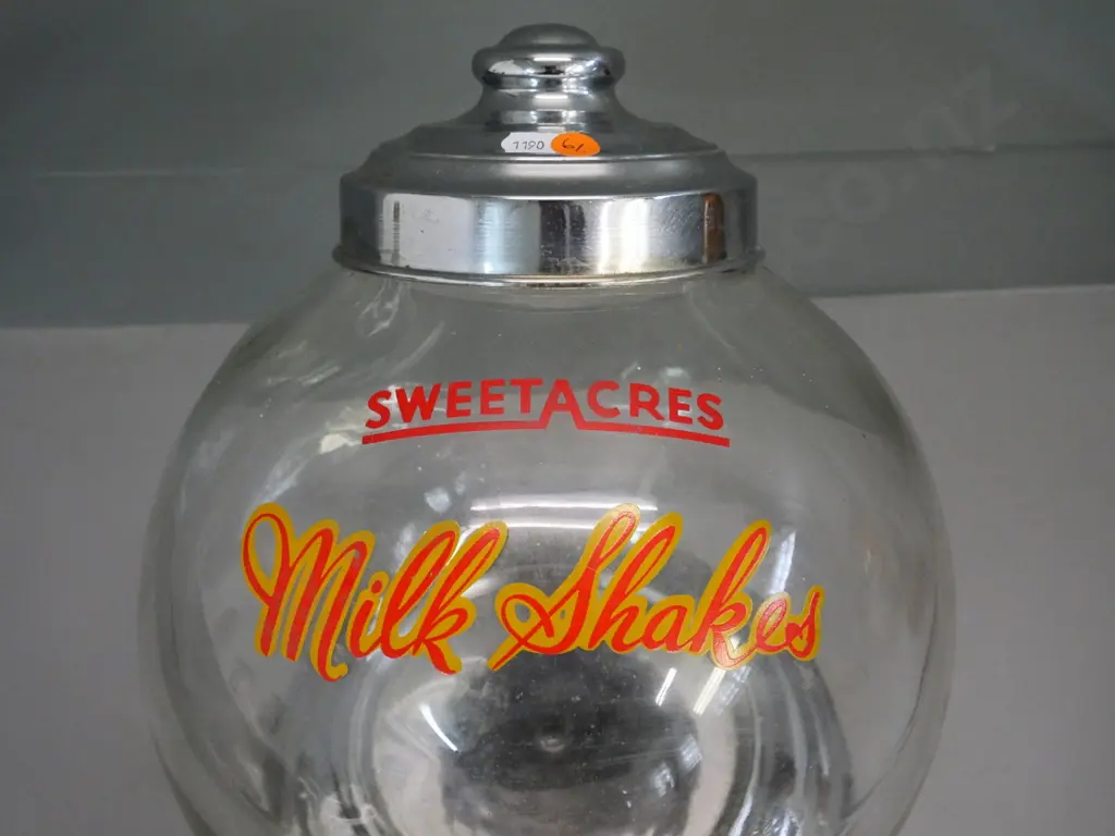 vintage sweets dispenser - glass and chrome with stencilled 'Sweetacres Milk Shakes' Diameter 250 Image 1++