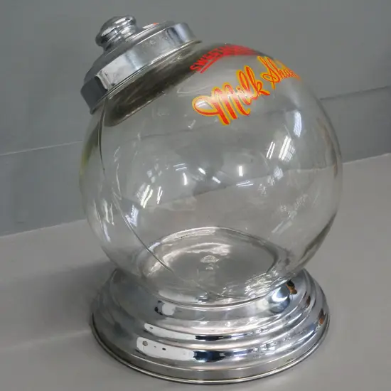 vintage sweets dispenser - glass and chrome with stencilled 'Sweetacres Milk Shakes' Diameter 250