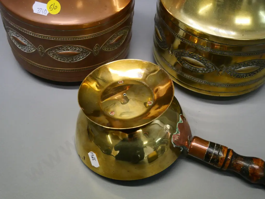 2 matching design English beaten metal vases - one brass & one copper H-300 and a brass, copper and wood scoop Image 1++