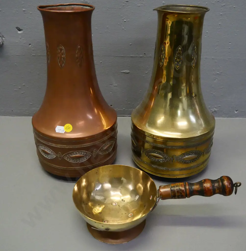 2 matching design English beaten metal vases - one brass & one copper H-300 and a brass, copper and wood scoop Image 1++