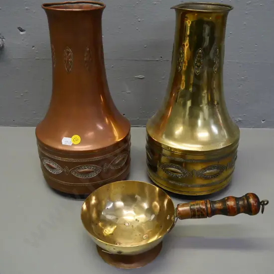 2 matching design English beaten metal vases - one brass & one copper H-300 and a brass, copper and wood scoop