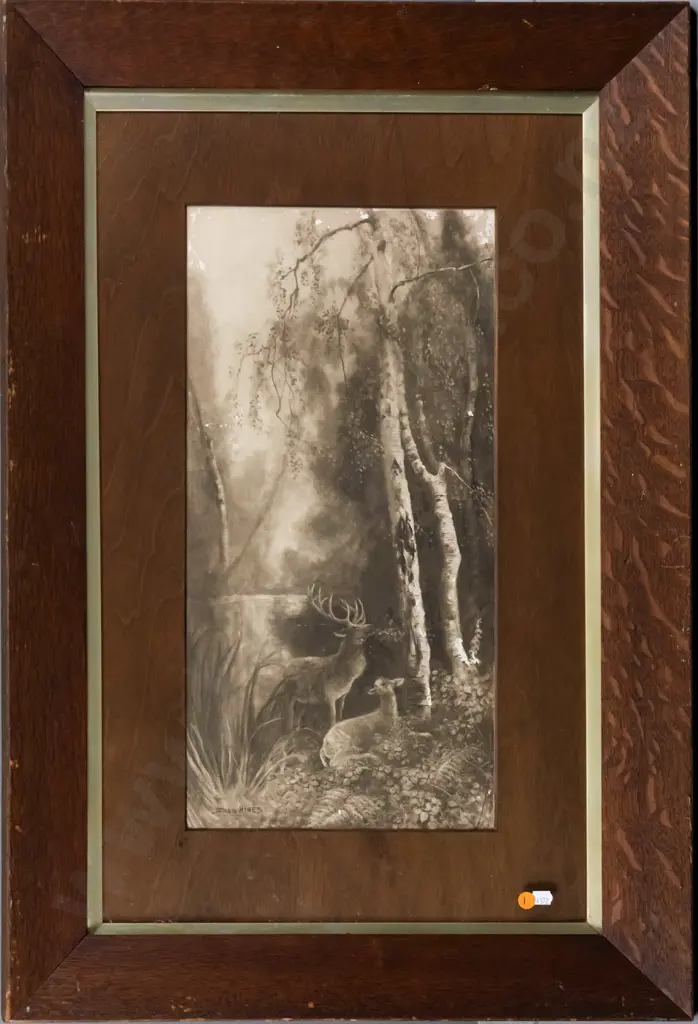 Fred Hines - framed watercolour -deer by stream (areas of paint loss) H-500 W-250 Image 1++