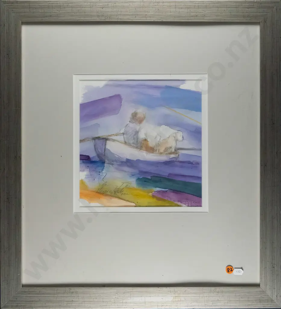 illegible signature - framed watercolour and pencil - dog and person in boat H-230 W-220 Image 1++