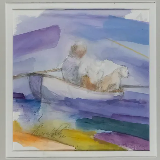 illegible signature - framed watercolour and pencil - dog and person in boat H-230 W-220