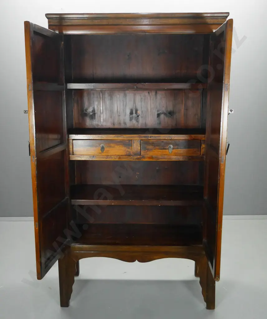 tall Chinese solid elm 2-door wedding cabinet with brass hardware, 2 internal drawers H2030 W1130 D490 Image 1++