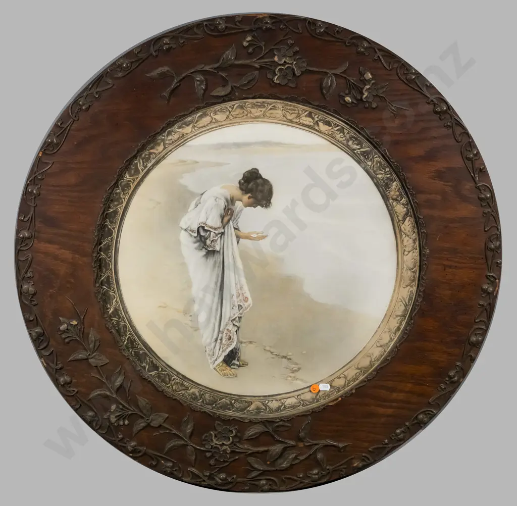 ornate circular framed print - woman on beach Overall Diam -750 (some areas of damage and borer on frame) Image 1++