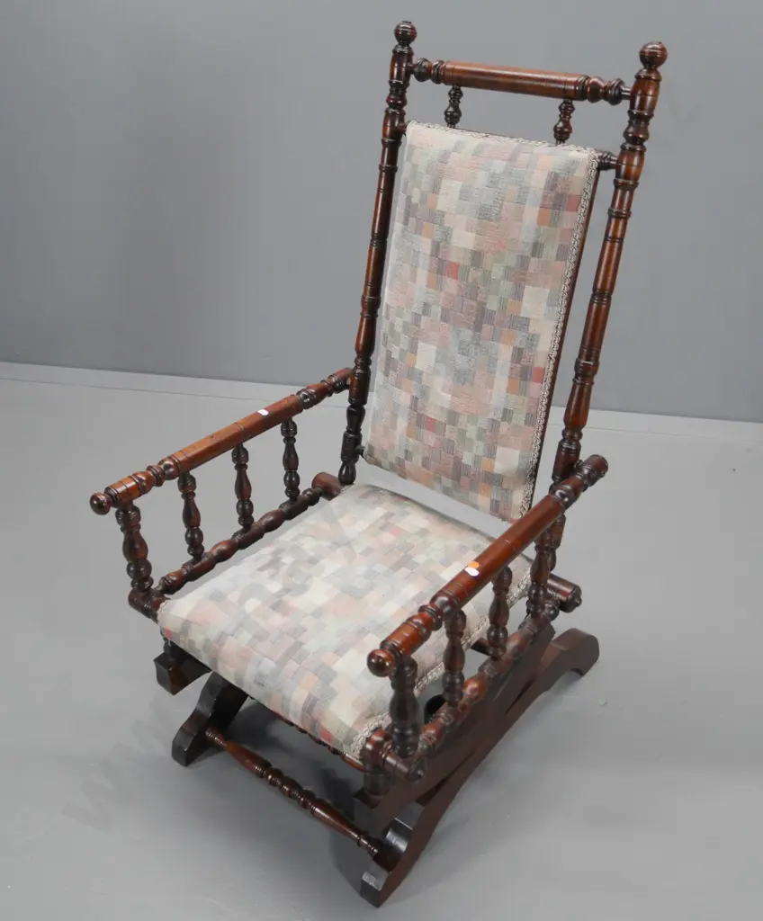 vintage mahogany spindle frame rocking chair, a bit of borer in base, geometric tapestry upholstery H1100 W550 D650 Image 1++