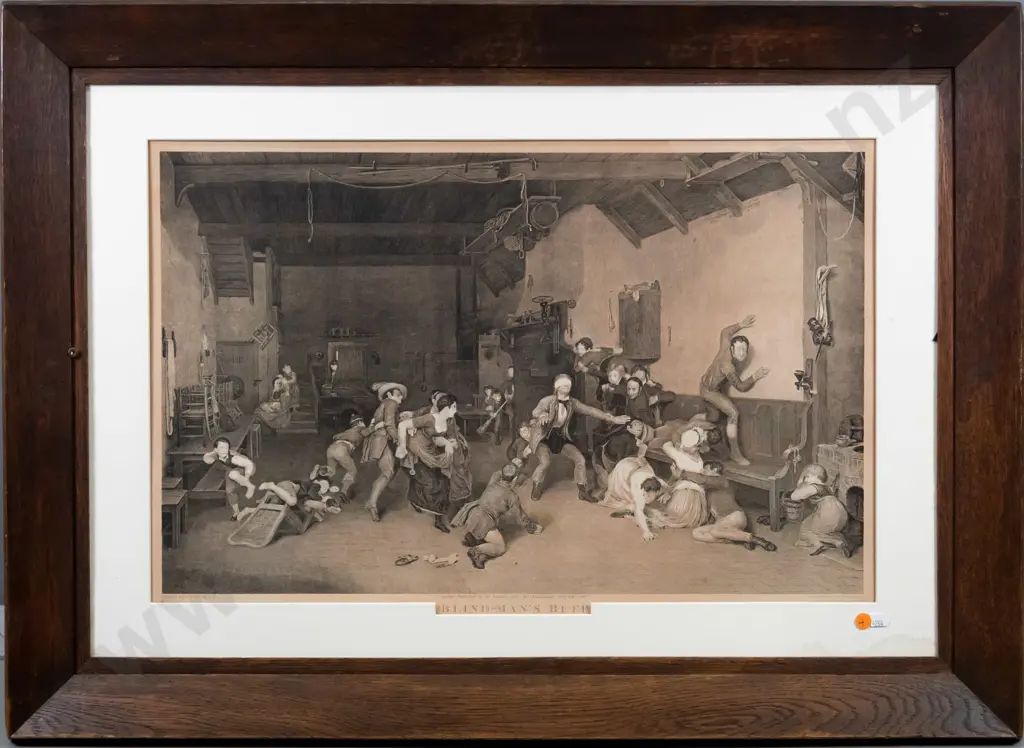 framed engraving - Blind-Man's Bluff (slight water damage to mat surround) H-400 W-600 Image 1++