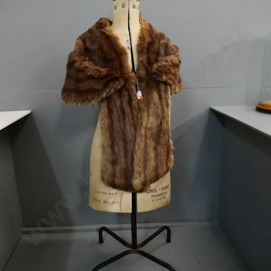 vintage Chil-Daw adjustable dressmaker's form with general wear and tear, and a brown fur stole