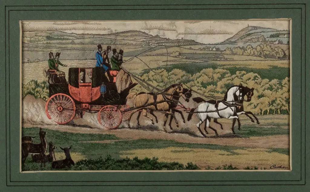 framed needlework on printed fabric - horses and carriage H-90 W-160 Image 1++