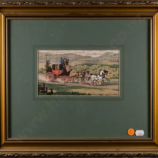 framed needlework on printed fabric - horses and carriage H-90 W-160