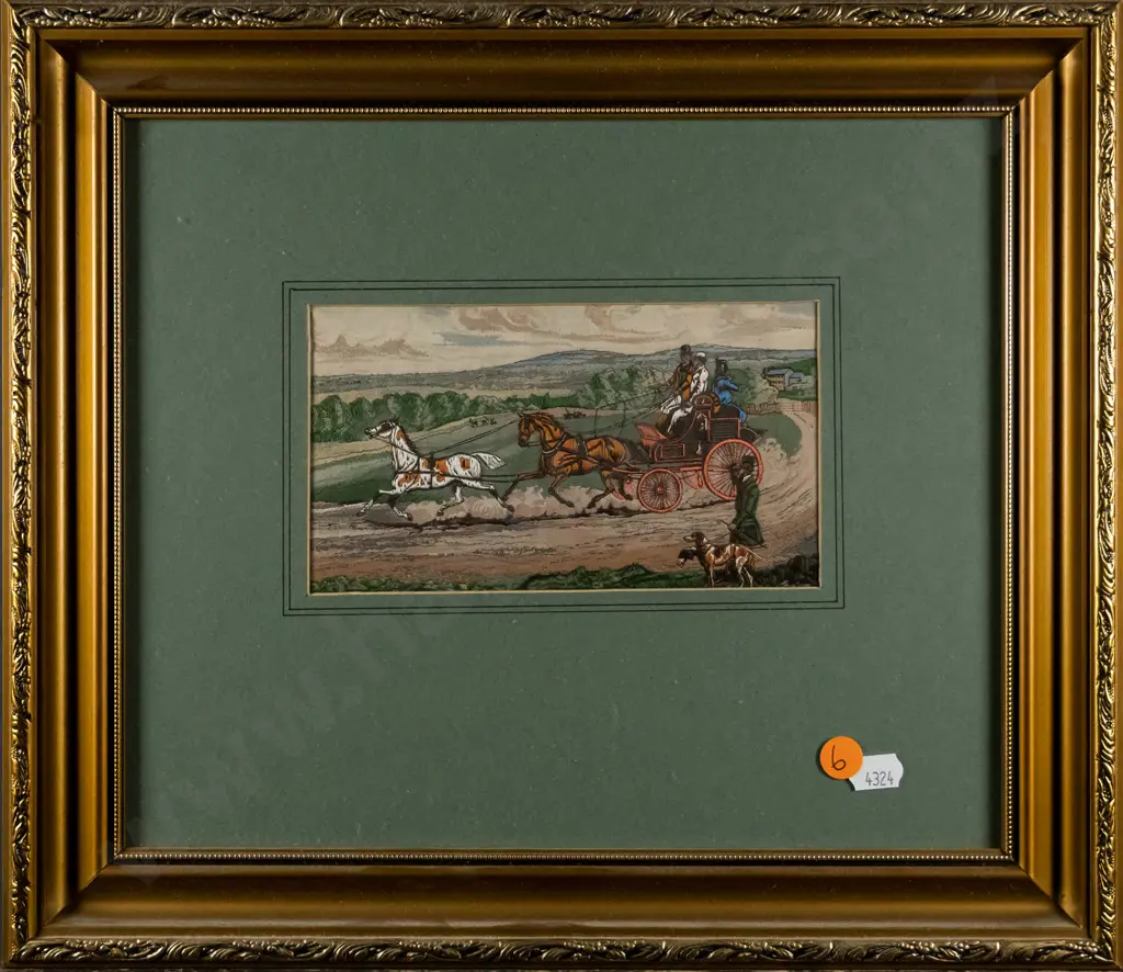 framed needlework on printed fabric - horses and carriage H-90 W-160 Image 1++