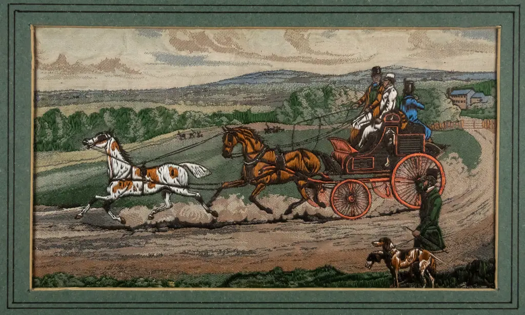 framed needlework on printed fabric - horses and carriage H-90 W-160 Image 1++