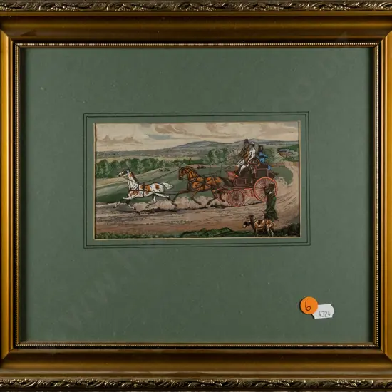 framed needlework on printed fabric - horses and carriage H-90 W-160
