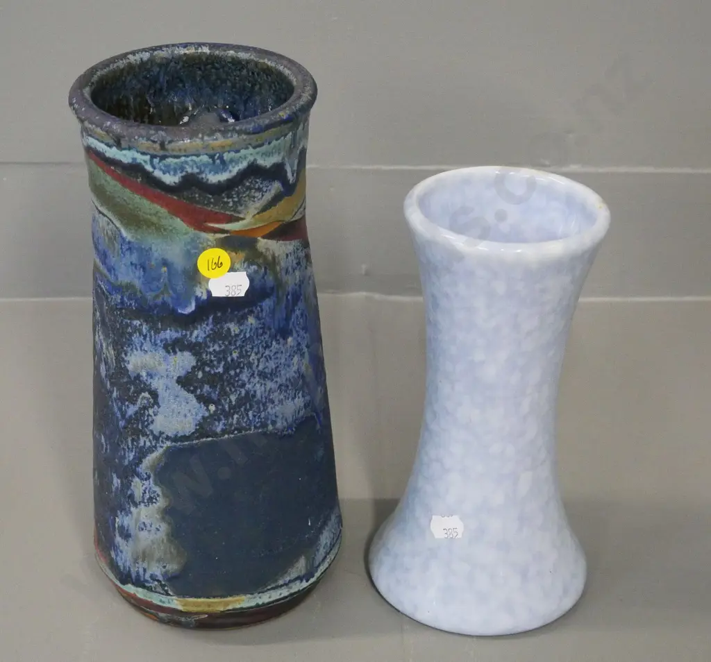 2 vases - hand-potted with unknown stamped mark H-260 and a mottled blue Temuka Image 1++
