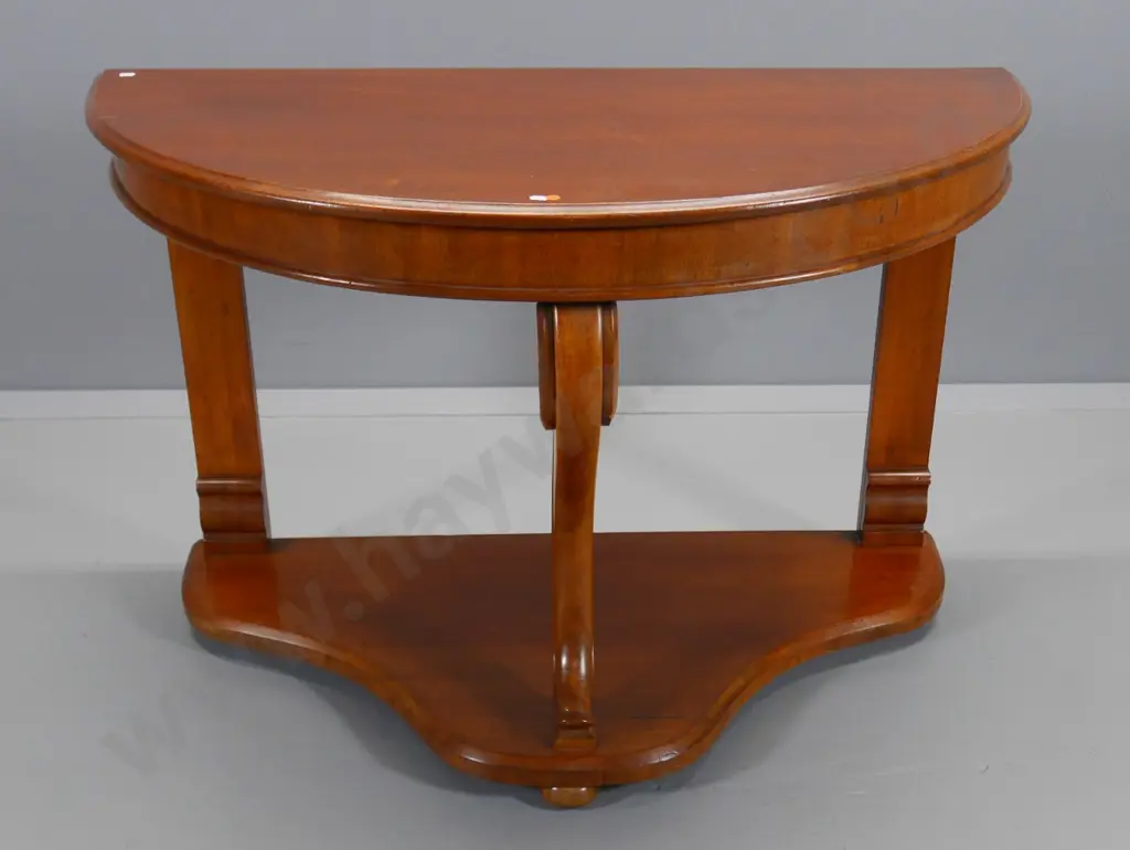 vintage mahogany half-round hall table with lower shelf and carved serpentine front leg - minor wear H-740 W-1140 D-570 Image 1++