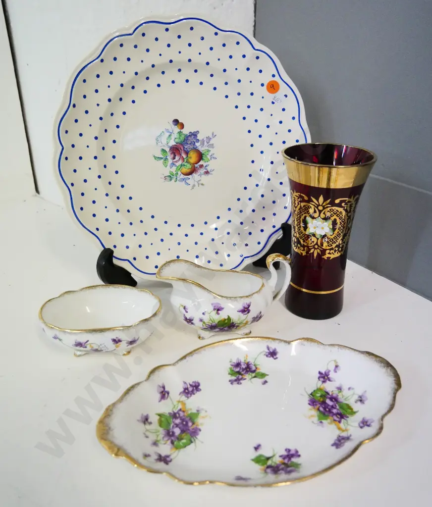 Copeland Spode's Polka Dot plate, 3 pieces Royal Standard violets pattern, and a red glass and gold vase H-160 Image 1++