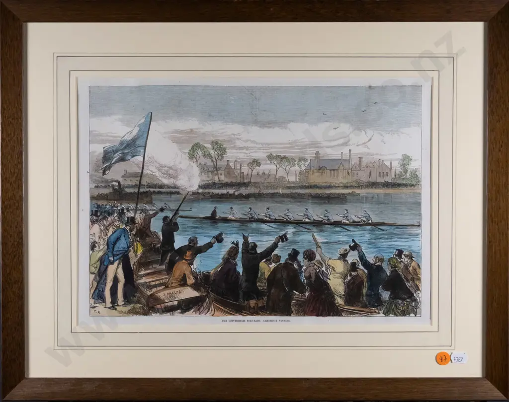 framed hand coloured engraving circa 1870 "The Universities Boat Race - Cambridge Winning" H-230 W-340 slight foxing Image 1++