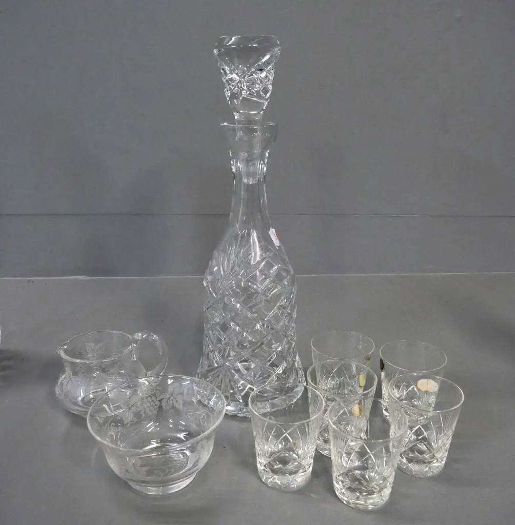 cut crystal items - stoppered decanter JH-360, 6 glasses and an etched Stuart cream & sugar Image 1++