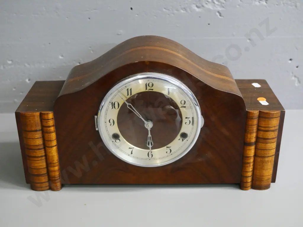 deco style German wood-cased chiming mantel clock with key H-230 W-420 D-140 Image 1++