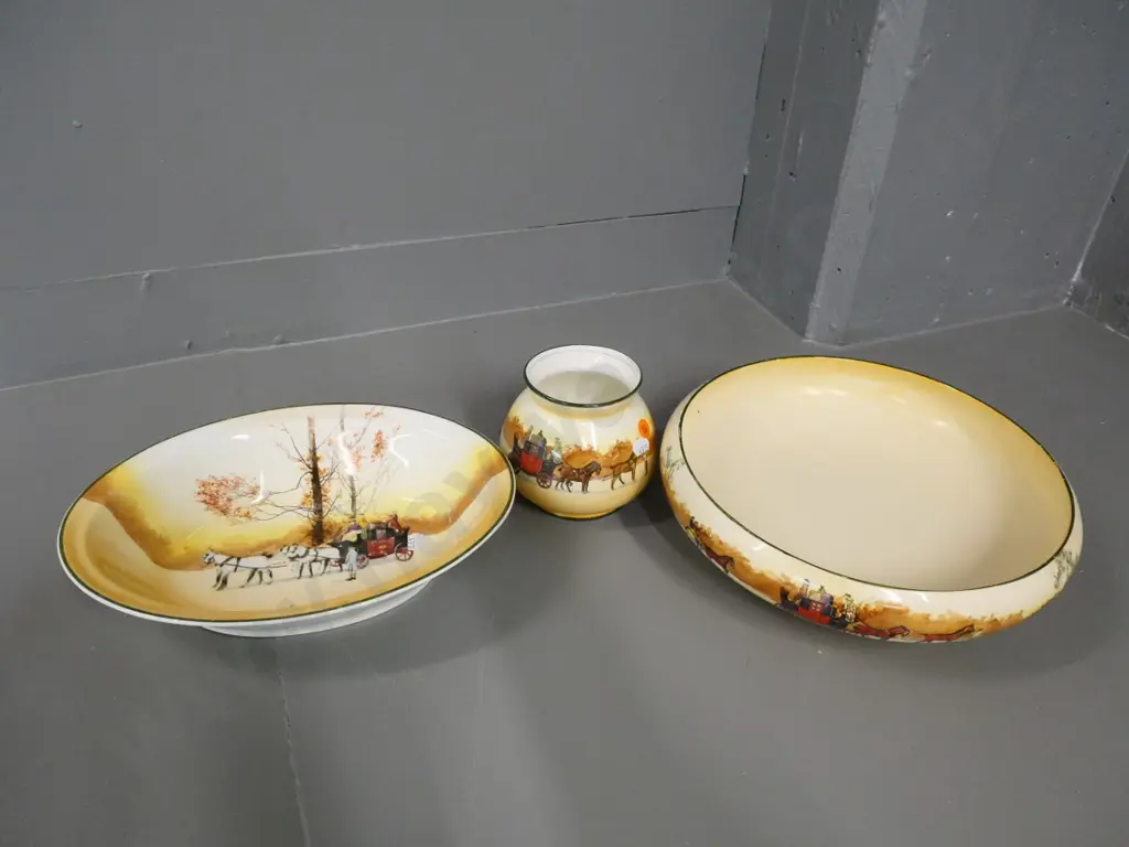 3 pieces Royal Doulton Coaching Days china - fruit bowl D-280, vase and oval bowl with some wear Image 1++