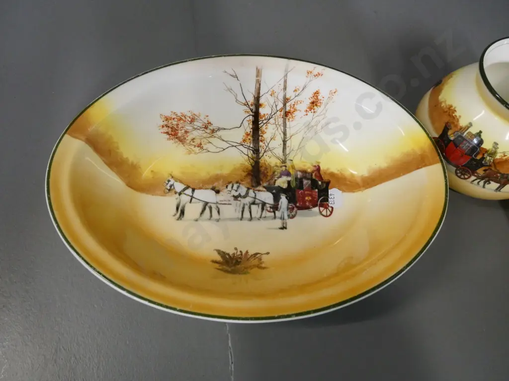 3 pieces Royal Doulton Coaching Days china - fruit bowl D-280, vase and oval bowl with some wear Image 1++