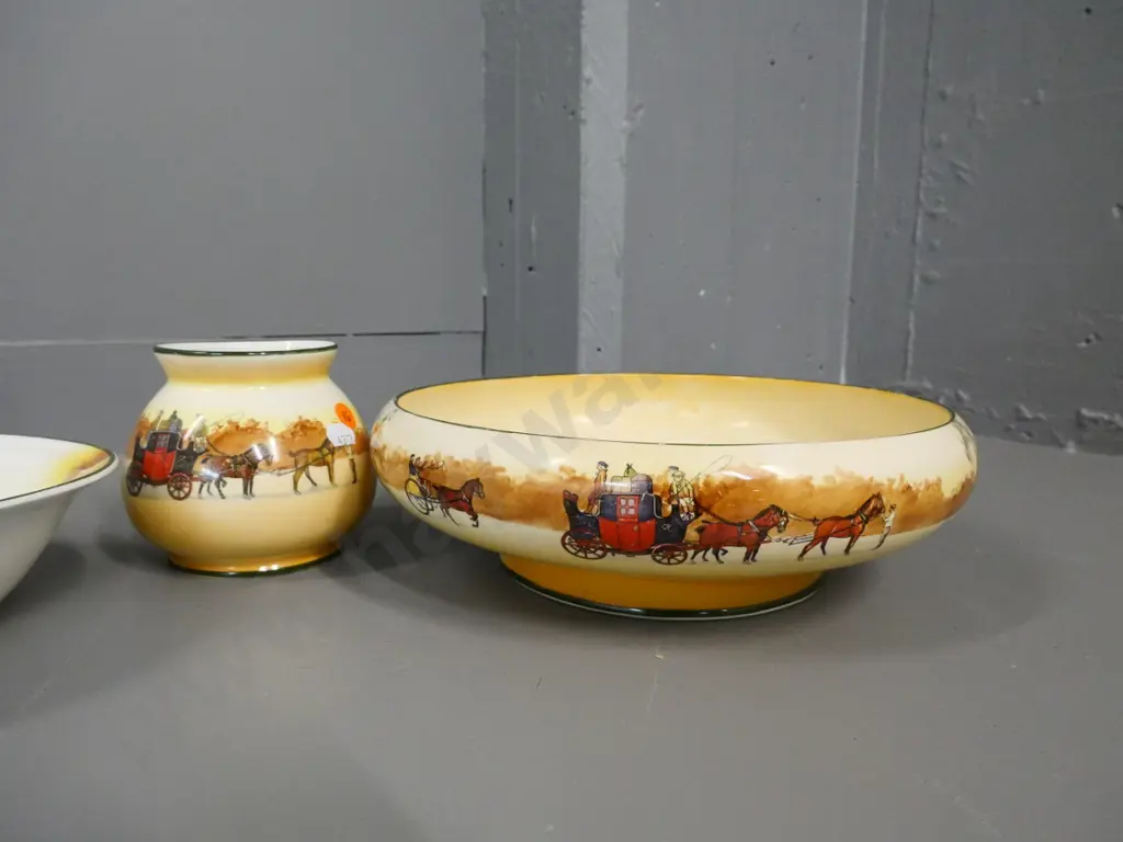 3 pieces Royal Doulton Coaching Days china - fruit bowl D-280, vase and oval bowl with some wear Image 1++