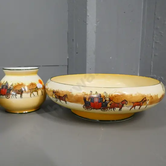 3 pieces Royal Doulton Coaching Days china - fruit bowl D-280, vase and oval bowl with some wear