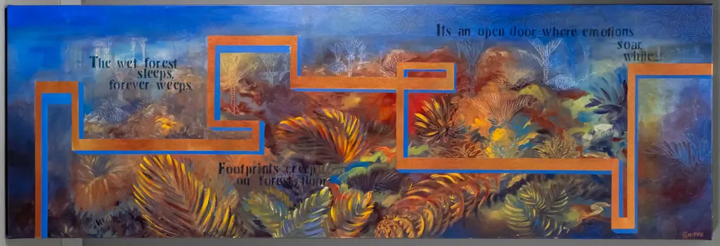 boxed mixed media on canvas - "The wet forest sleeps.." H-500 W1530 Image 1++