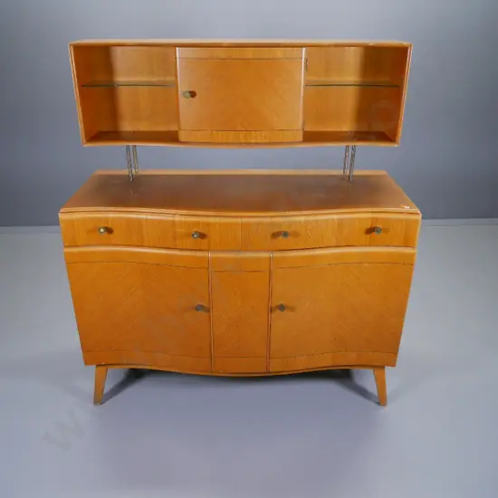 retro oak veneer sideboard w/1 upper & 2 lower doors, 2 drawers, display shelves, brass supports H1380 W1240 D520