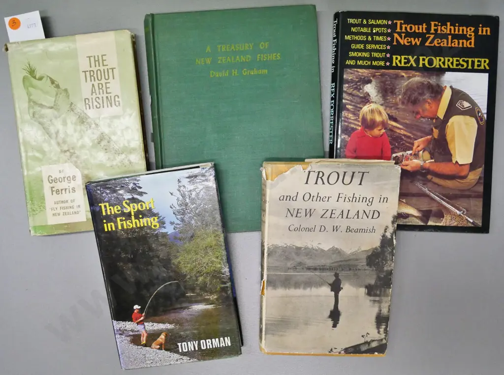 5 New Zealand fly fishing books - Graham, Ferris, Orman, Beamish, & Forrester - wear and staining to some Image 1++