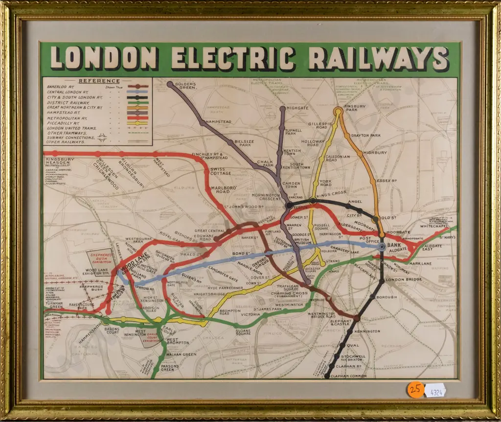 framed vintage London Electric Railways map H-270 W-340 Image 1++