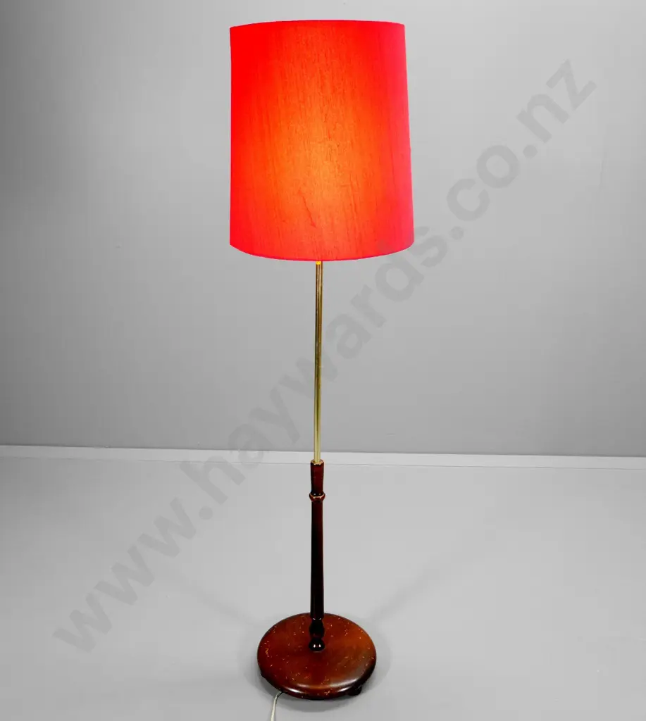 mid-century mahogany and brass standard lamp with red shade H-1600 Diameter of shade 410 Image 1++