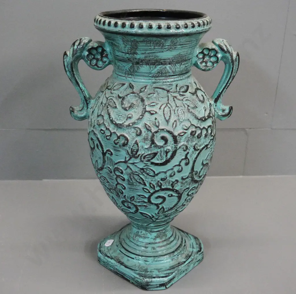 teal raised-pattern double handled urn vase, Number on base 1601-35. H-370 Image 1++