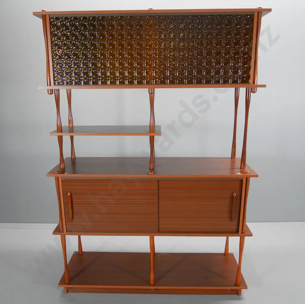 mid-century cabinet with sliding amber glass top doors & timber lower doors, turned supports H1700 W1200 D400 Image 1++