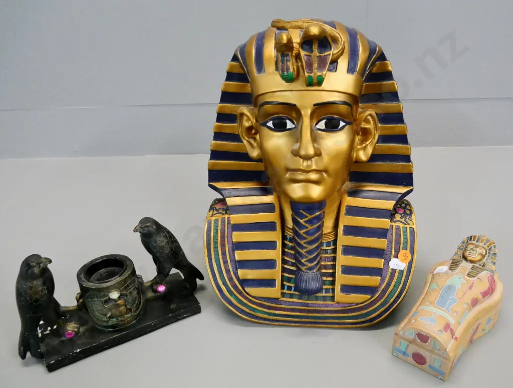 Egyptian souvenir figurine, lidded trinket, and a candle holder with damage and paint loss - largest H-320 Image 1++