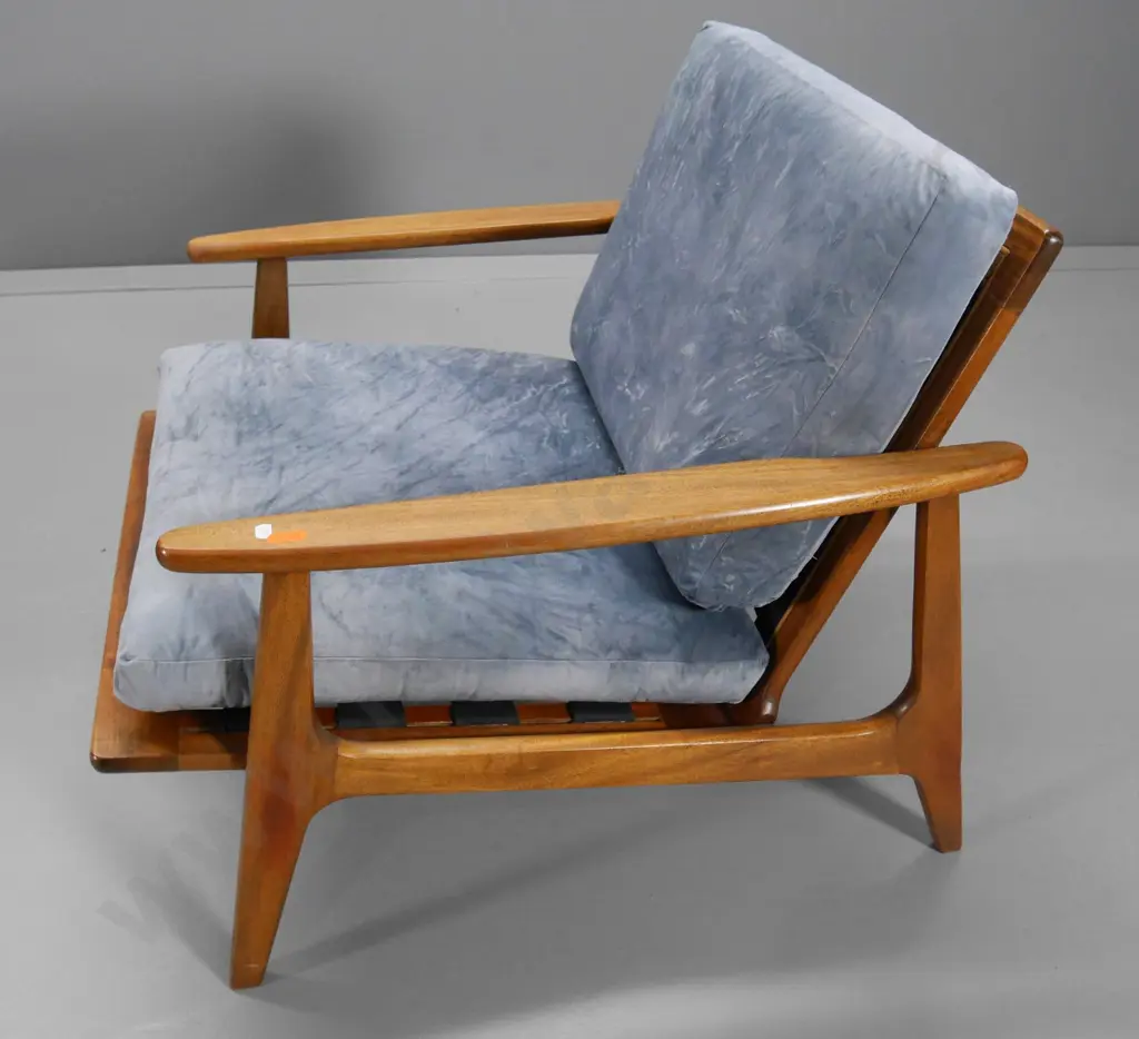 pair of Parker mid-century blackwood-framed armchairs with rattan backs replaced, faded blue suede fabric H680 W680 D800 Image 1++