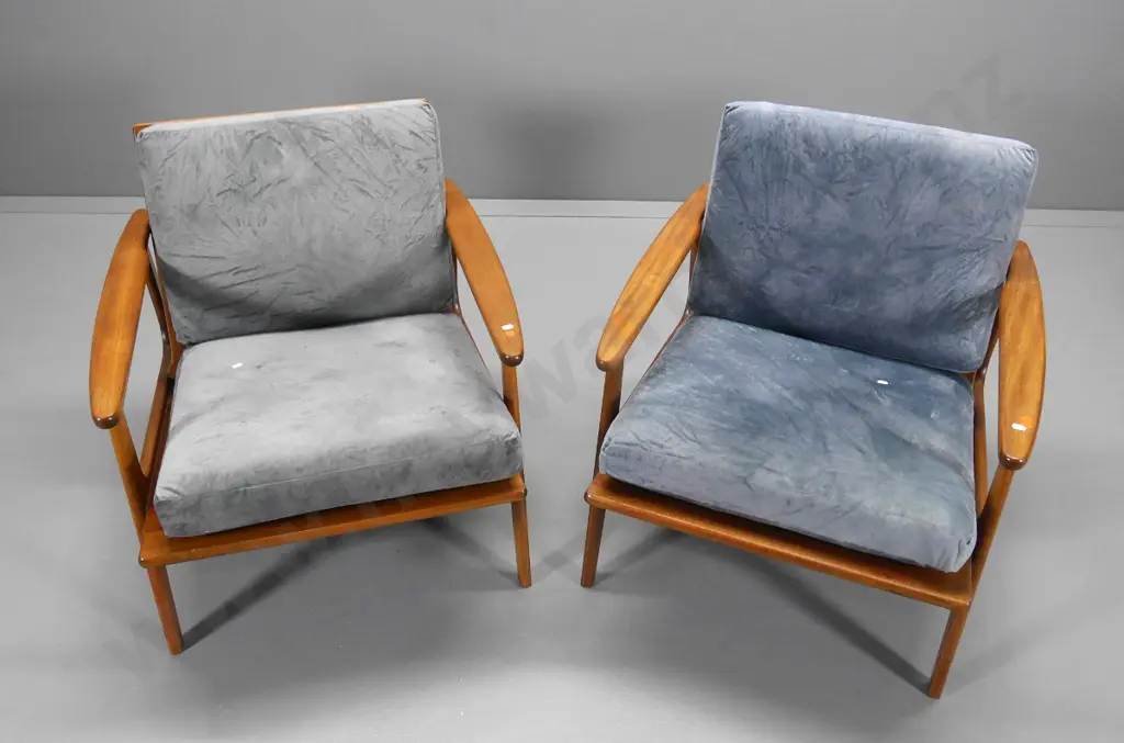 pair of Parker mid-century blackwood-framed armchairs with rattan backs replaced, faded blue suede fabric H680 W680 D800 Image 1++