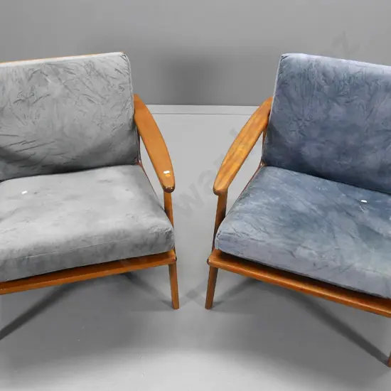 pair of Parker mid-century blackwood-framed armchairs with rattan backs replaced, faded blue suede fabric H680 W680 D800