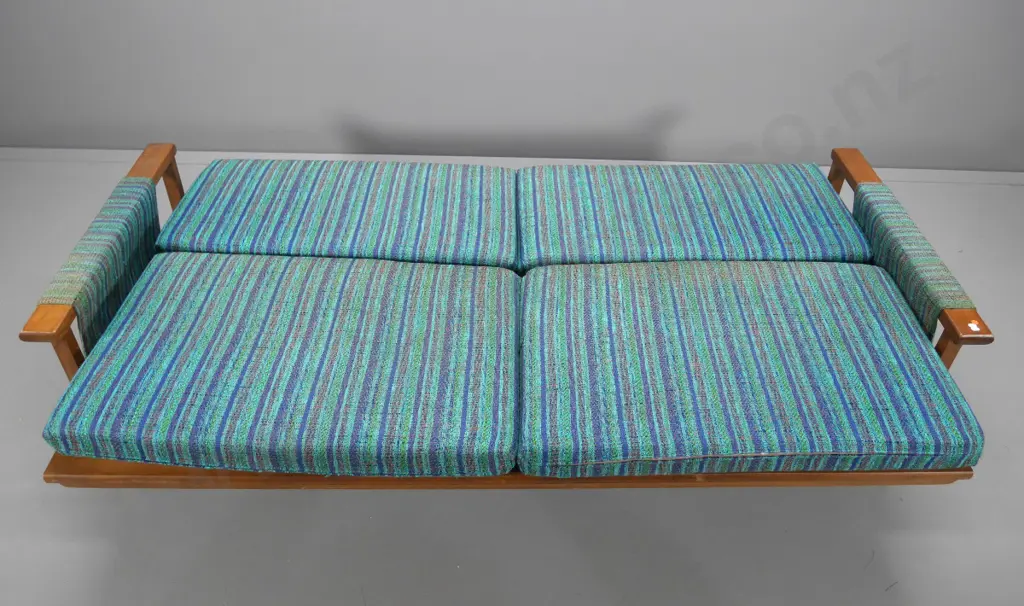 mid-century Don convertible 4-seater settee/ divan bed with striped tweed fabric, some fading on arms H810 W2150 D830 Image 1++