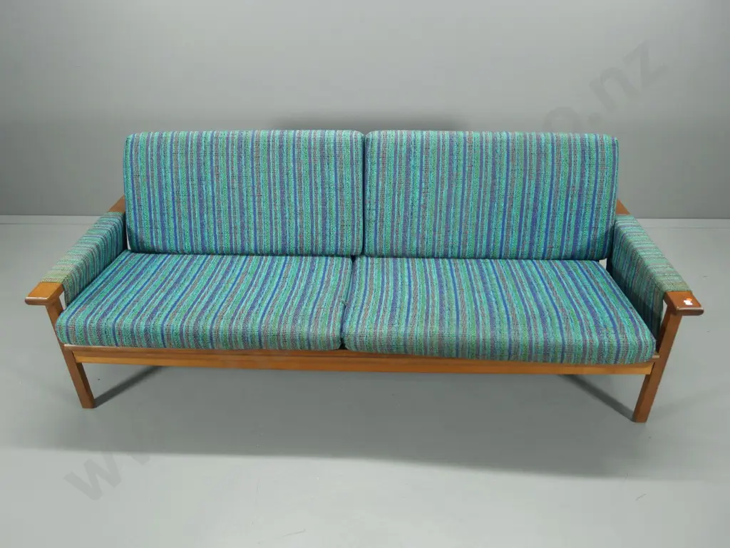 mid-century Don convertible 4-seater settee/ divan bed with striped tweed fabric, some fading on arms H810 W2150 D830 Image 1++